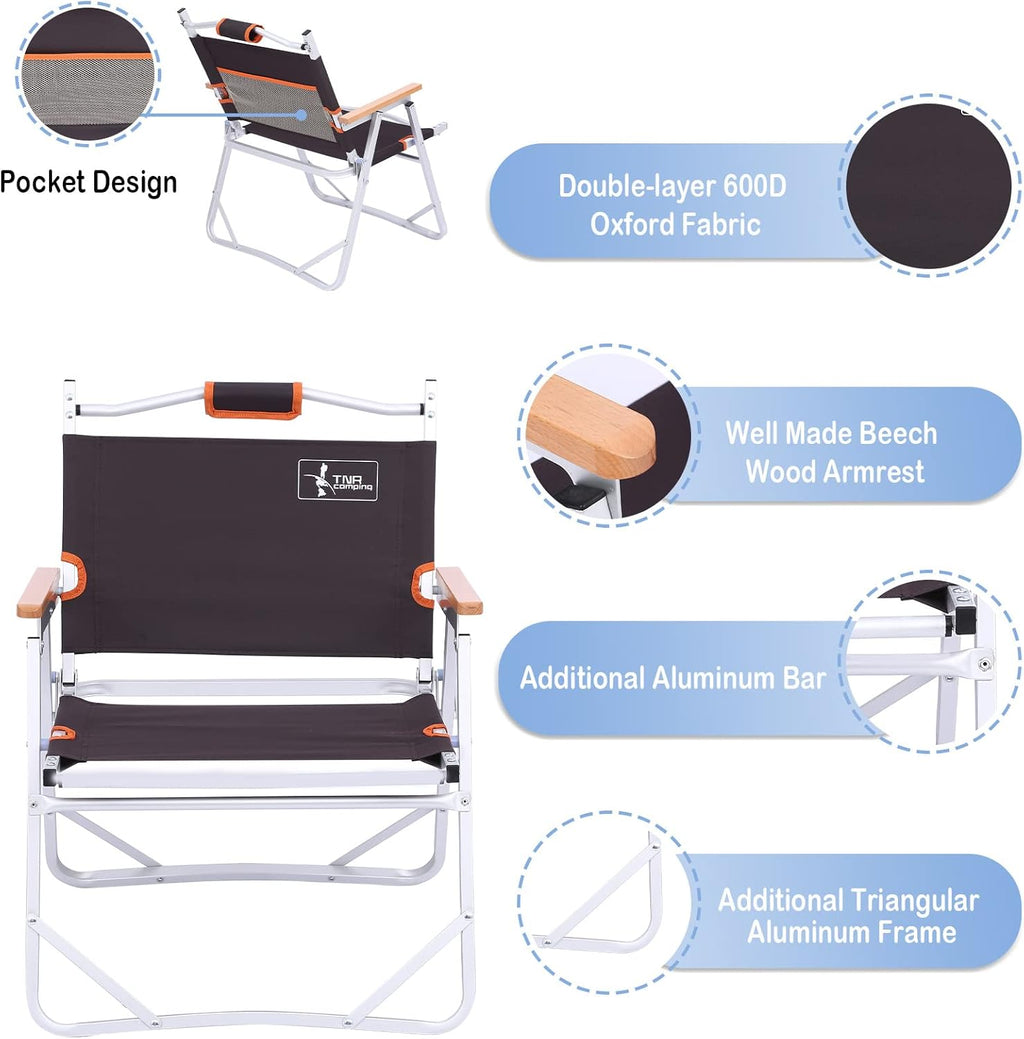 Camping Beach Chair, Heavy Duty Triangular Frame, Easy Folding with Portable Bag and Back Pocket, Dark Brown W950008