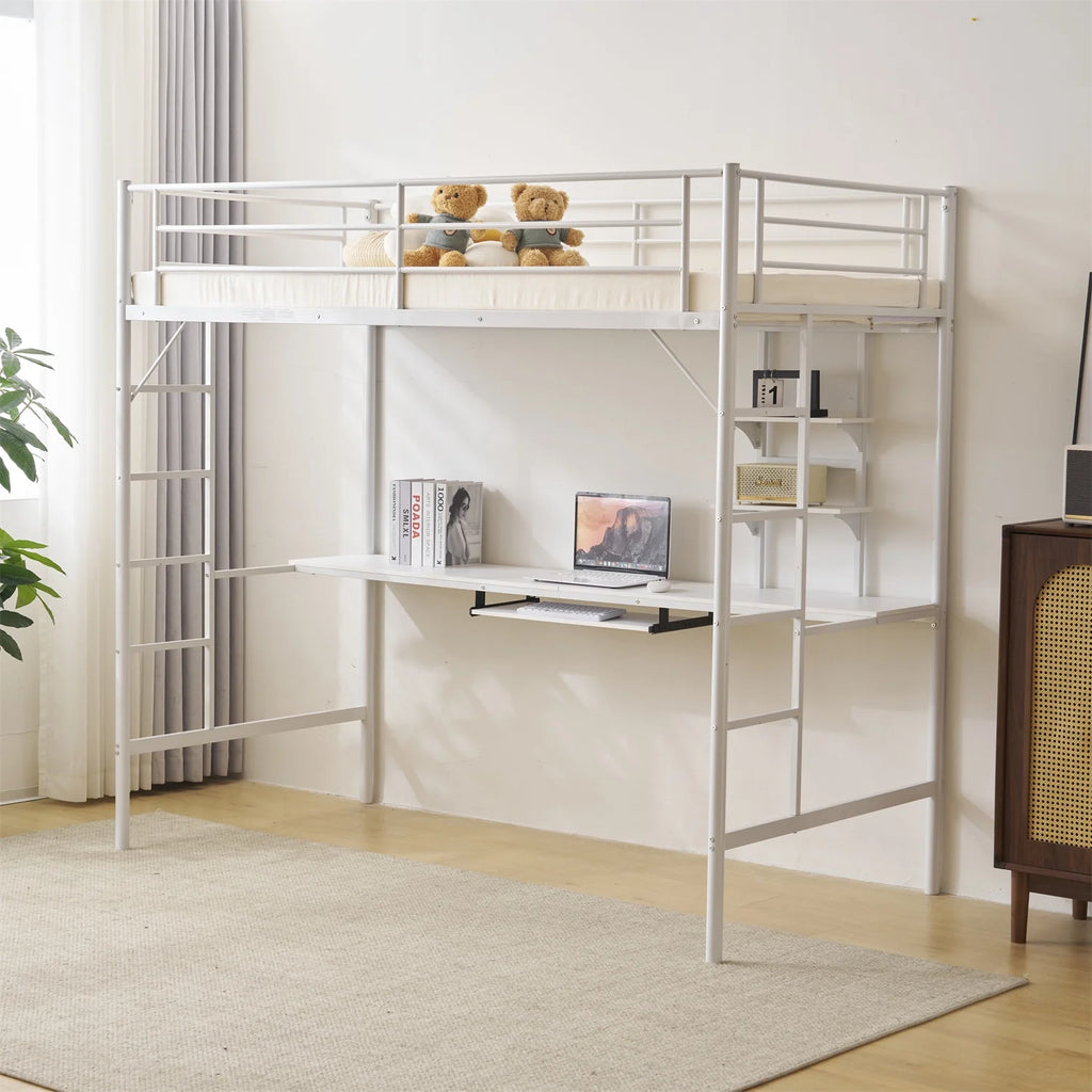 Twin Size Black Metal Loft Bed with Desk and Shelves U464