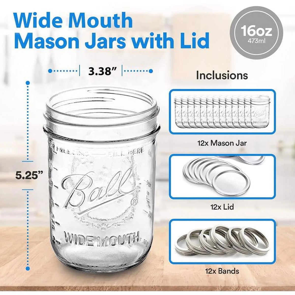Glass Mason Jars with Lids & Bands, Wide Mouth, Clear, 16 oz, 12 Count G36876