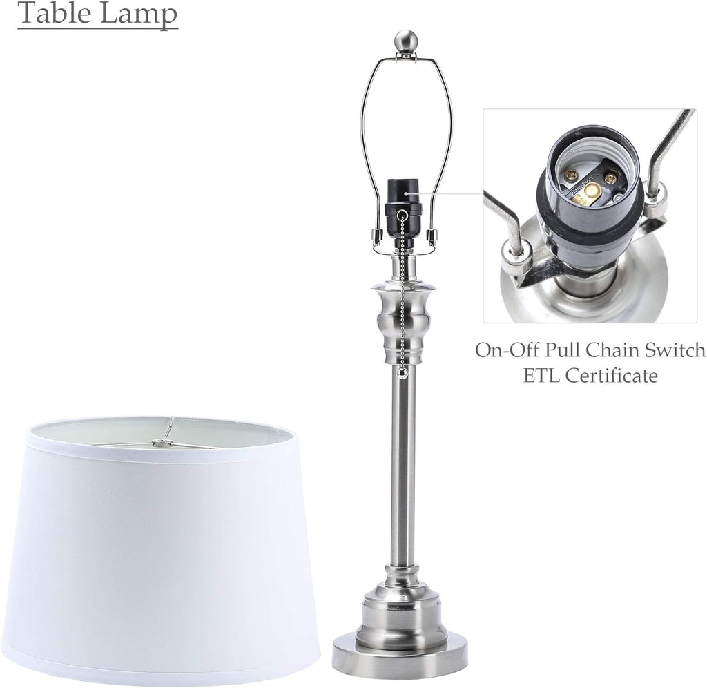 3 Lamp Set with White Fabric Shade Table and Floor Lamp Steel Finish M7261