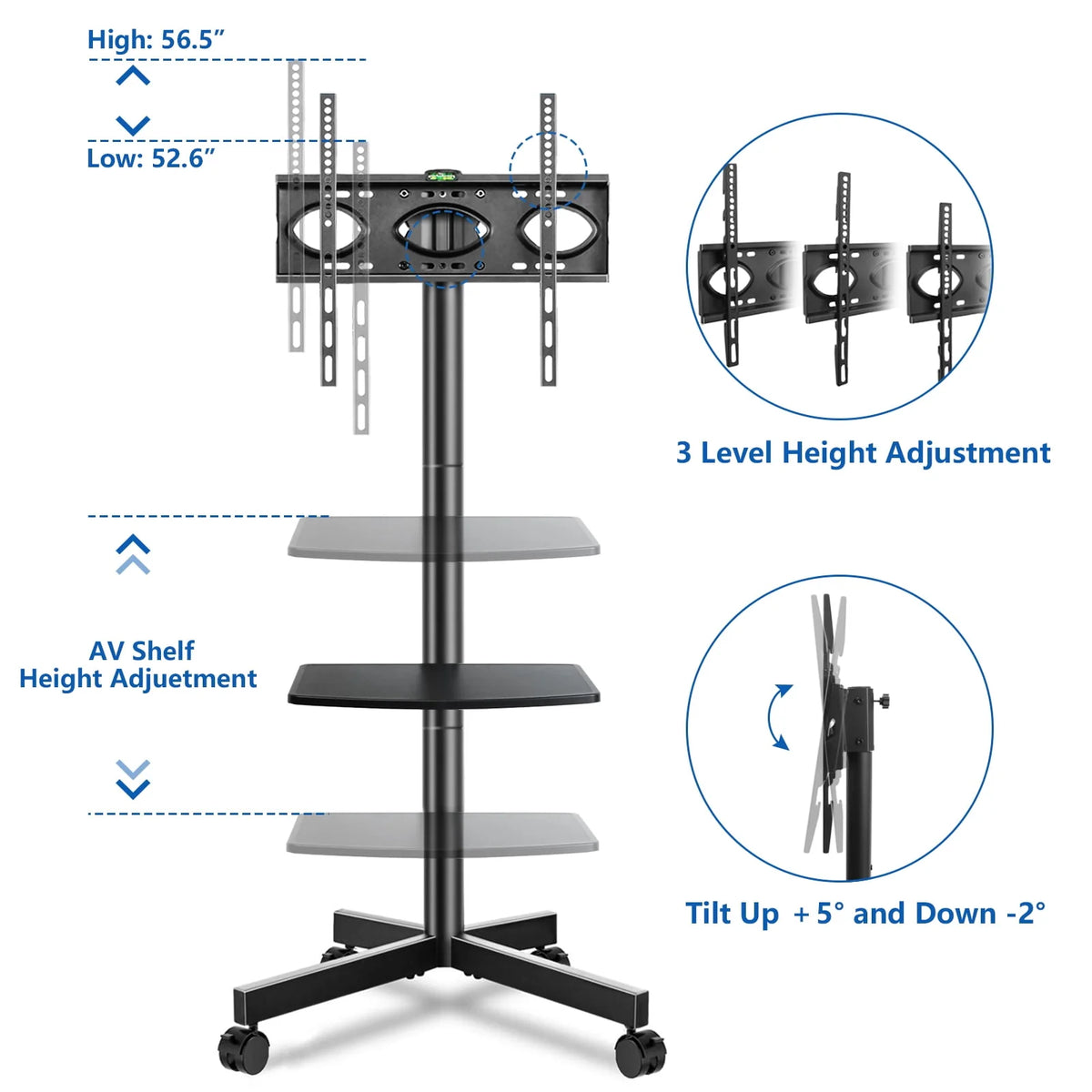 Black Rolling TV Stand for 32 to 60 inch Flat Panel TVs X203
