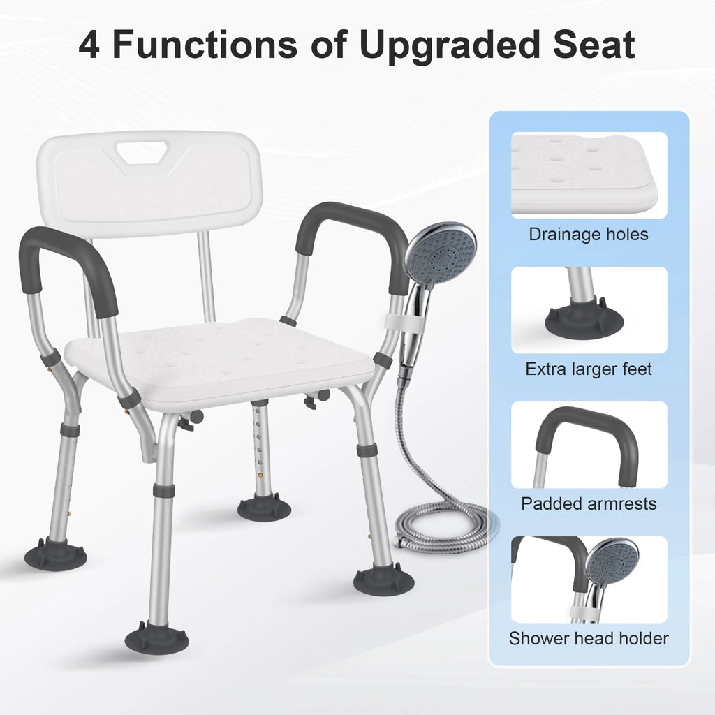 Adjustable Shower Chair with Back and Padded Handles, 350 lb Capacity X1250