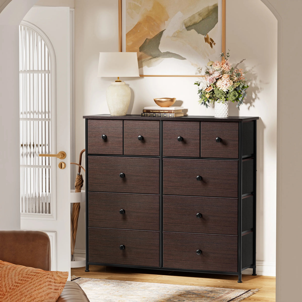 Dark Brown 10 Drawer Fabric Dresser V9065