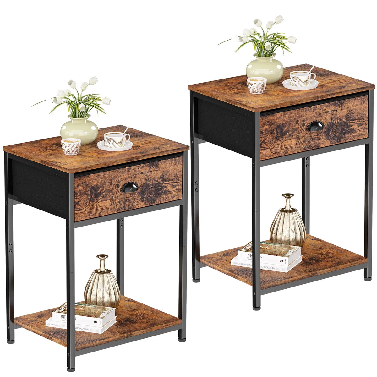 Set of 2 Nightstands with Fabric Drawer and Storage Shelf X840749