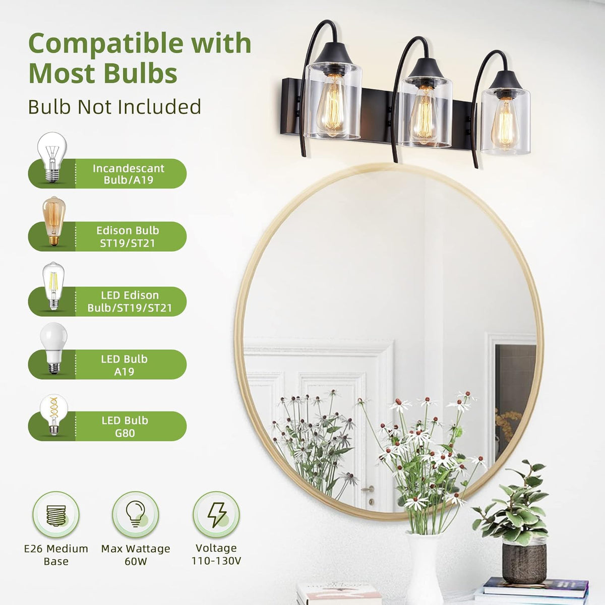 3-Light Matte Black Bathroom Vanity Light with Clear Glass Shades P86513