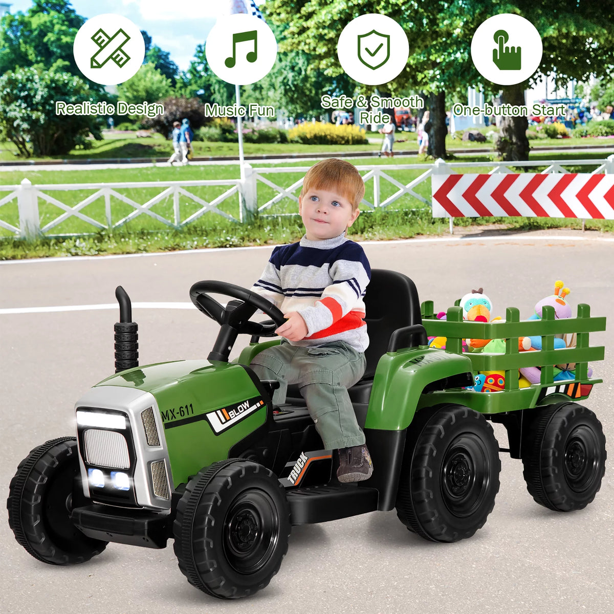 12V Kids Ride On Tractor with Trailer Dark Black A2213