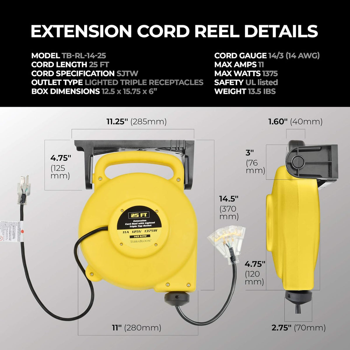 25 Ft Retractable Extension Cord Reel with 3 Outlets Y830