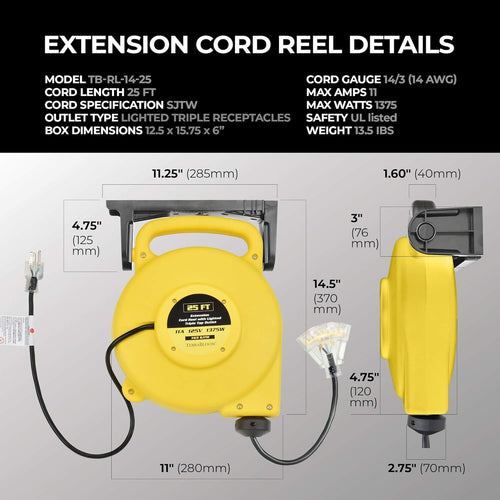 25 Ft Retractable Extension Cord Reel with 3 Outlets Y830