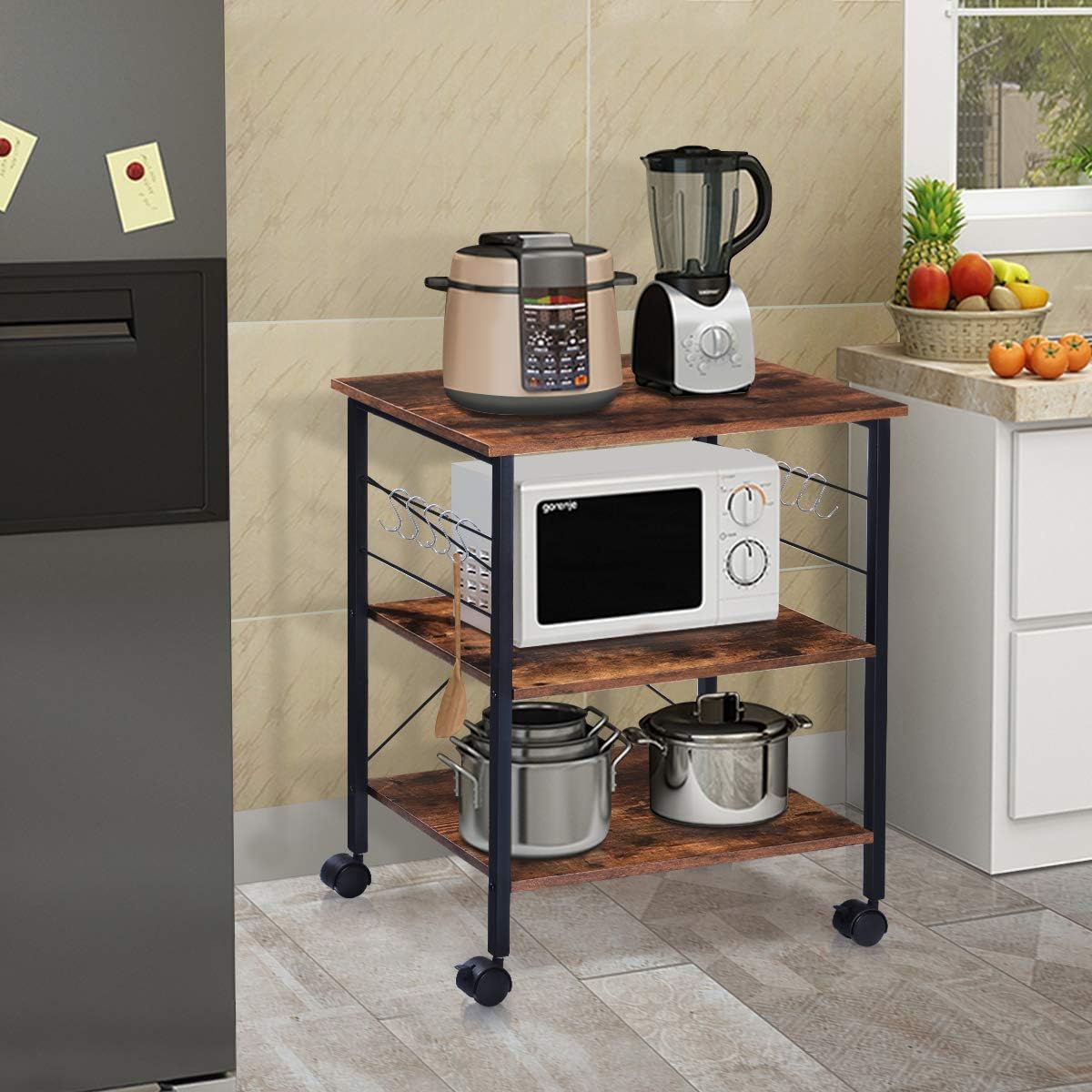 Rustic Brown 3-Tier Kitchen Cart with Wheels B178489