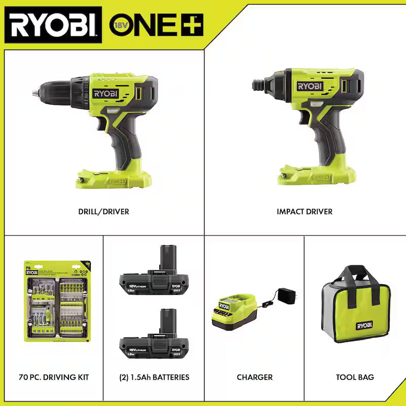 18V Cordless 2-Tool Combo Kit with Drill/Driver and Impact Driver J19501