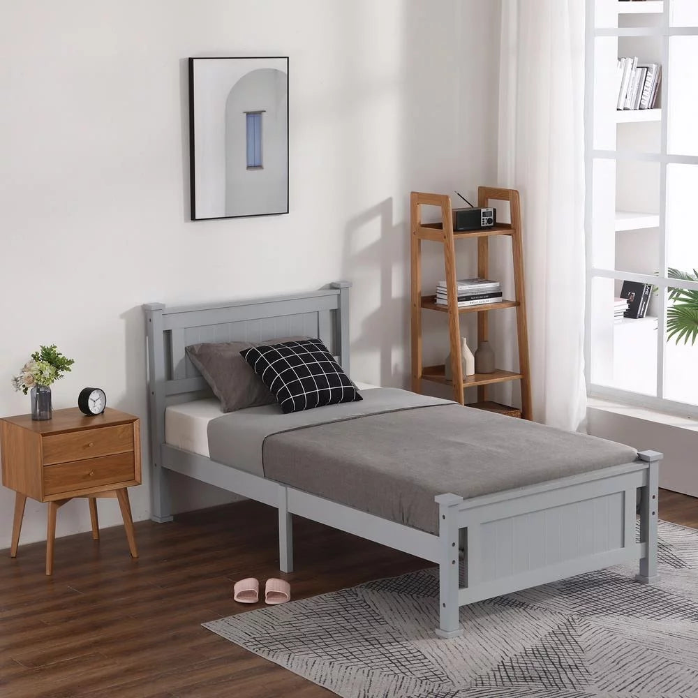 Gray Solid Pine Wood Twin Bed Frame with Headboard N996