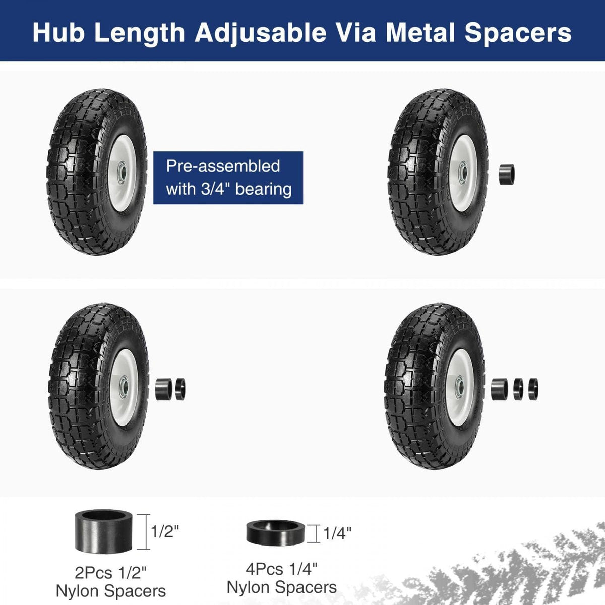 10 Flat Free Solid Rubber Tires with 3/4 Centered Bearings, 4 Pack C3000