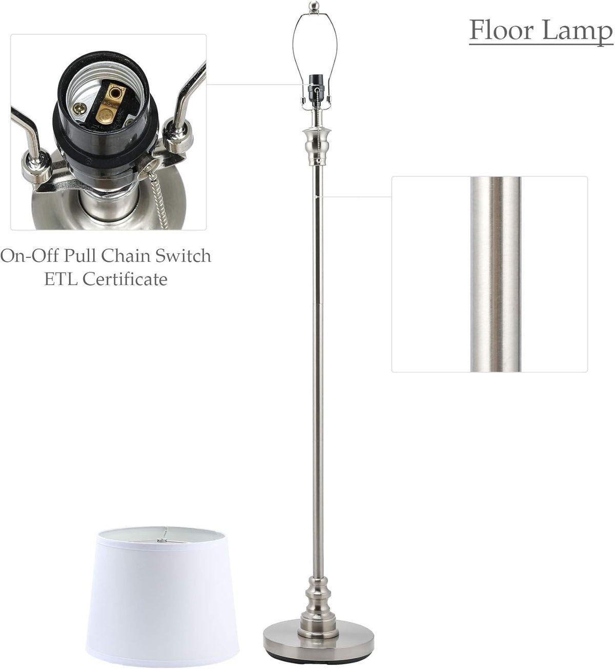 3 Lamp Set with White Fabric Shade Table and Floor Lamp Steel Finish M7261