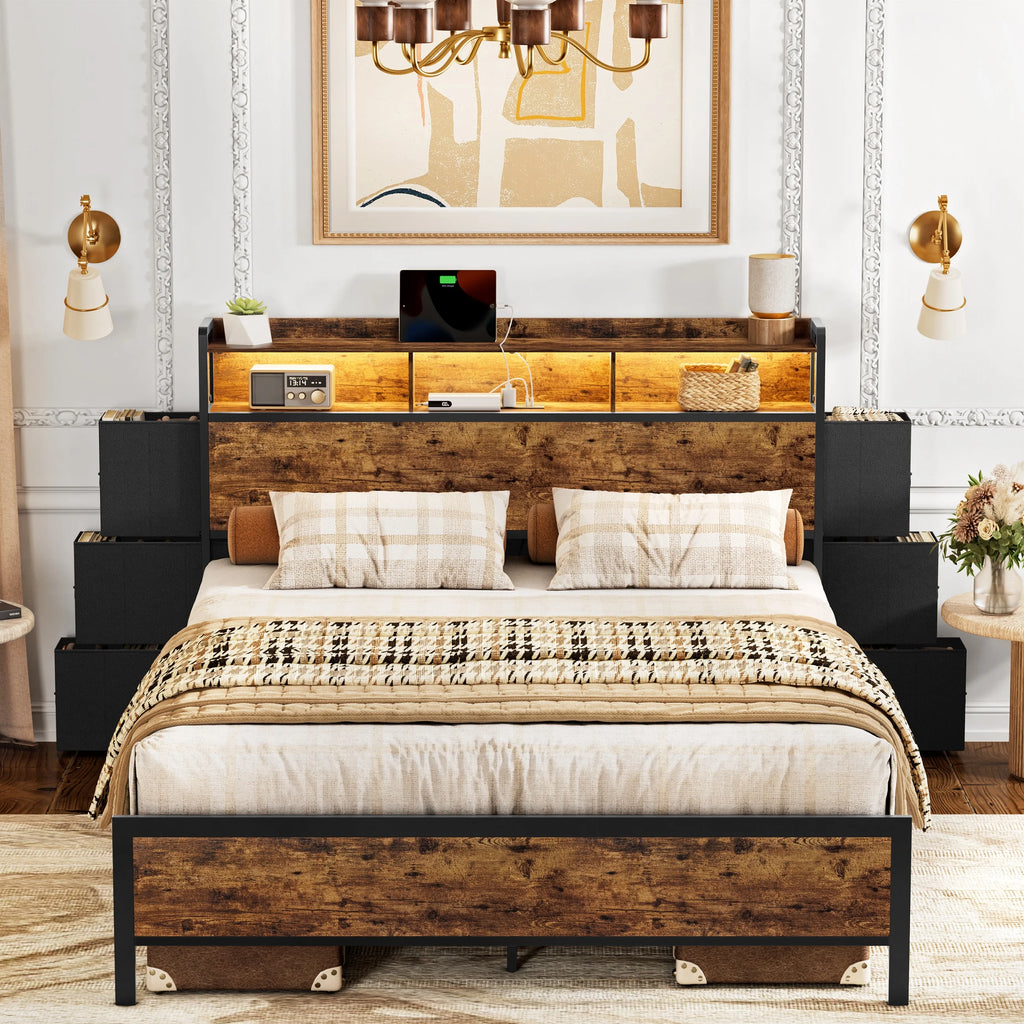 Queen Bed Frame with 6 Drawers Storage Headboard and USB Ports K8612