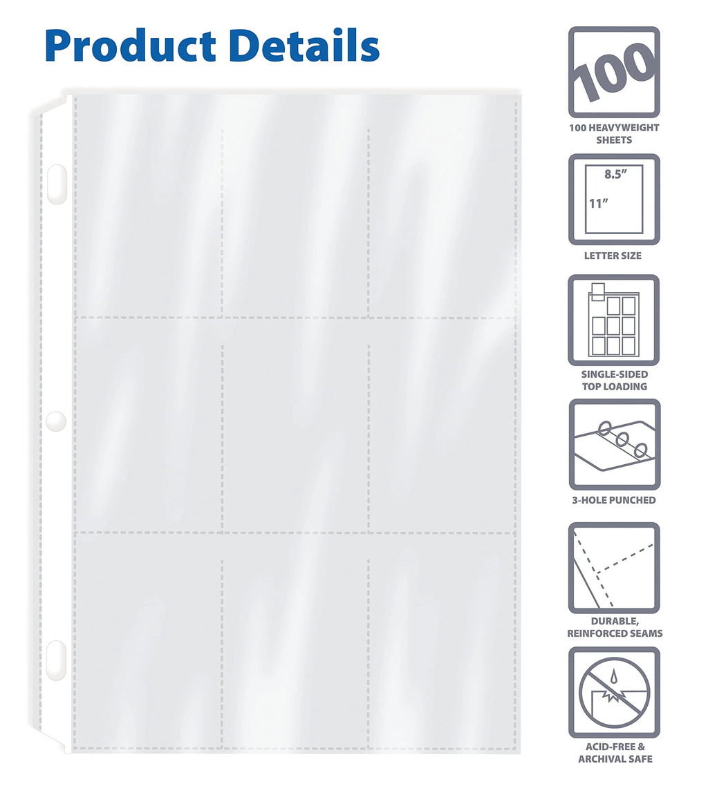 Clear Heavyweight 9 Pocket Trading Card Sleeve Pages, 100 Count C79296