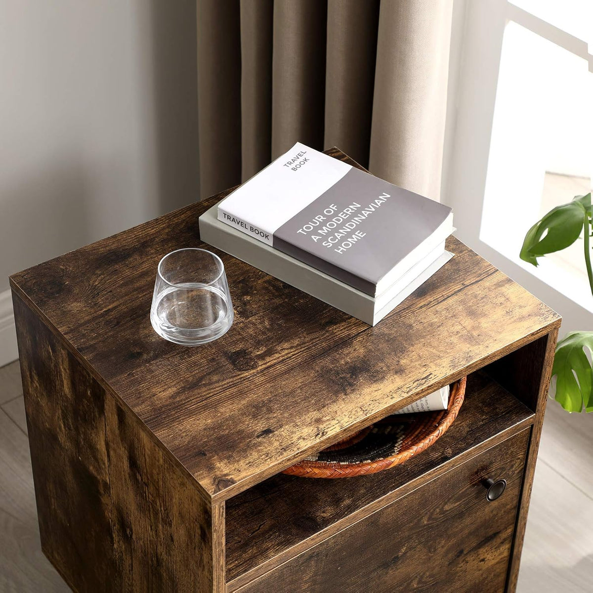 Rustic Brown Nightstand with Open Shelf and Cabinet A7785