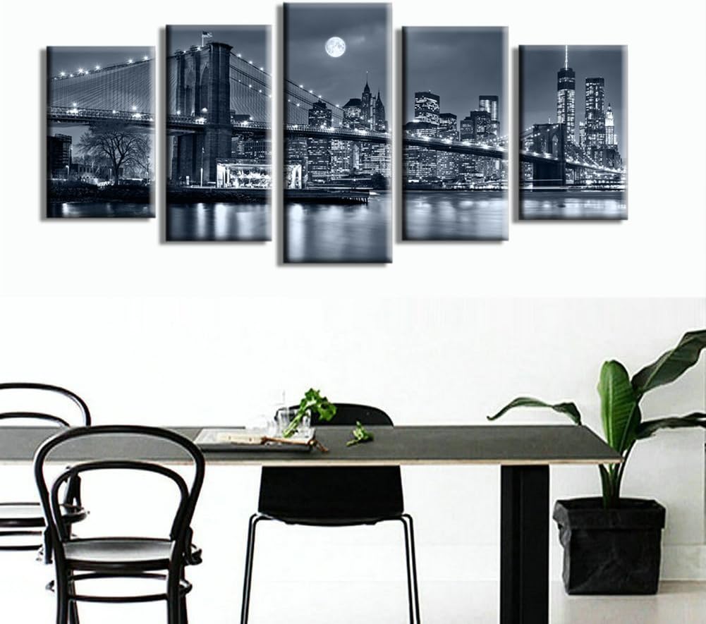 Black and White 5 Pc Framed Canvas Cityscape Wall Art B6198