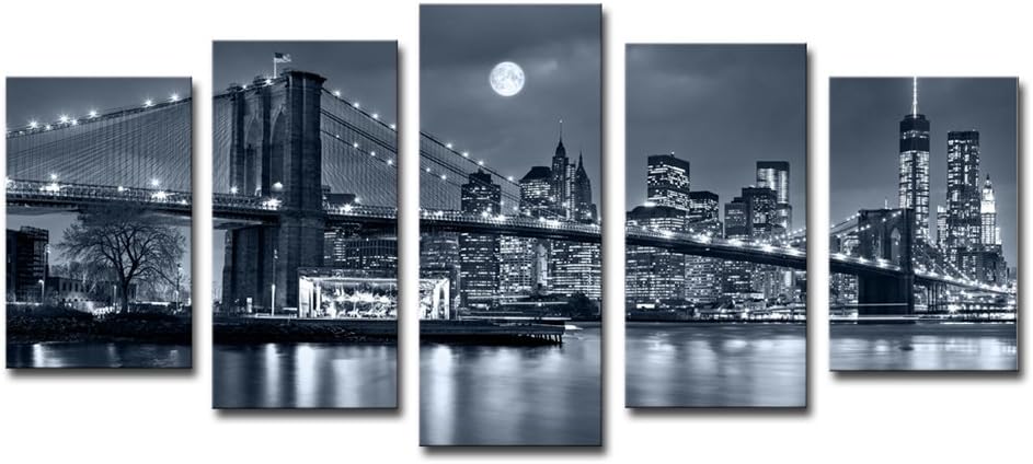 Black and White 5 Pc Framed Canvas Cityscape Wall Art B6198