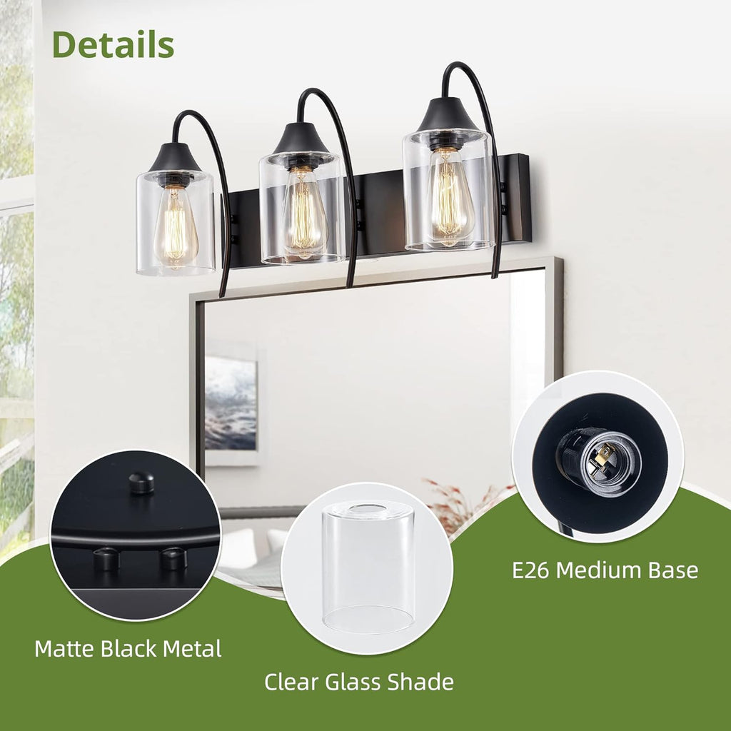 3-Light Matte Black Bathroom Vanity Light with Clear Glass Shades P86513