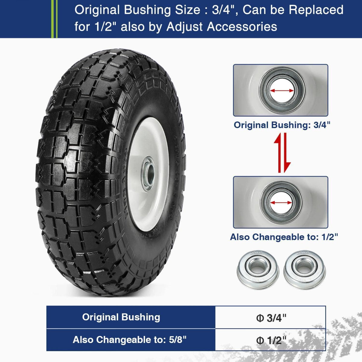 10 Flat Free Solid Rubber Tires with 3/4 Centered Bearings, 4 Pack C3000
