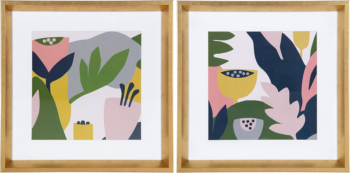 Matted Framed Print Under Glass Art Set 15.5x15.5 inches Gold W8581