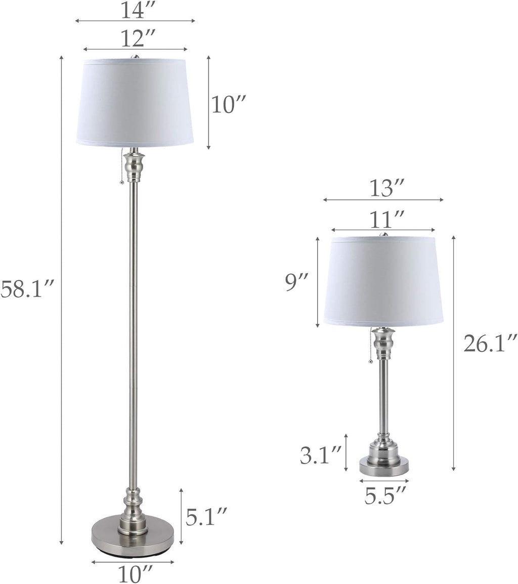 3 Lamp Set with White Fabric Shade Table and Floor Lamp Steel Finish M7261