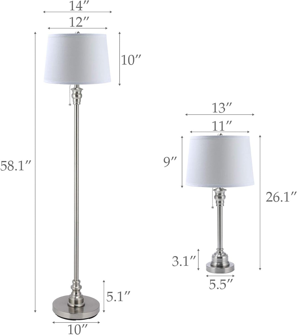 3 Lamp Set with White Fabric Shade Table and Floor Lamp Steel Finish M7261