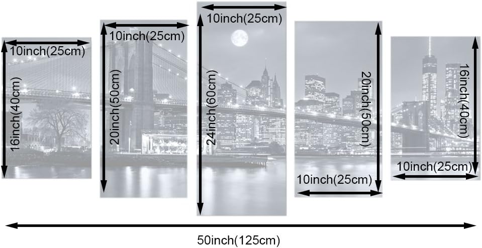 Black and White 5 Pc Framed Canvas Cityscape Wall Art B6198