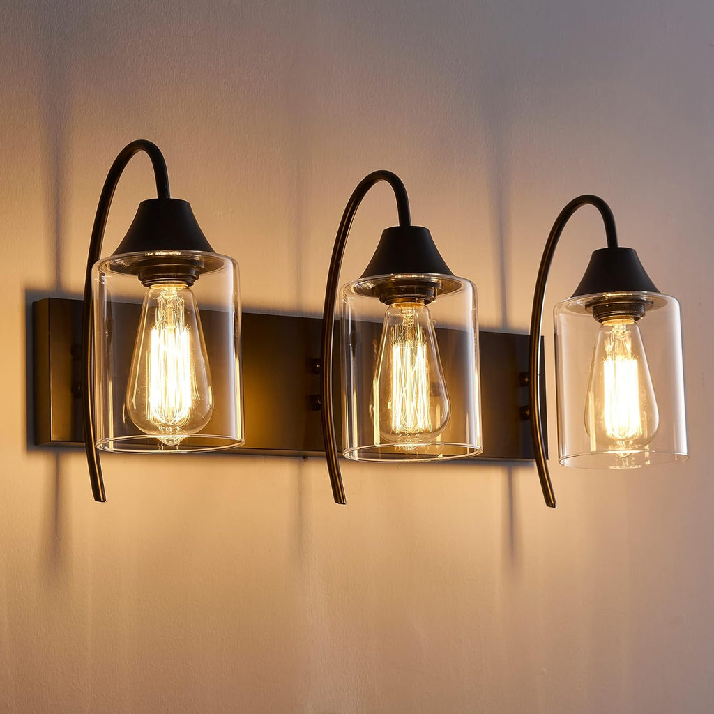 3-Light Matte Black Bathroom Vanity Light with Clear Glass Shades P86513