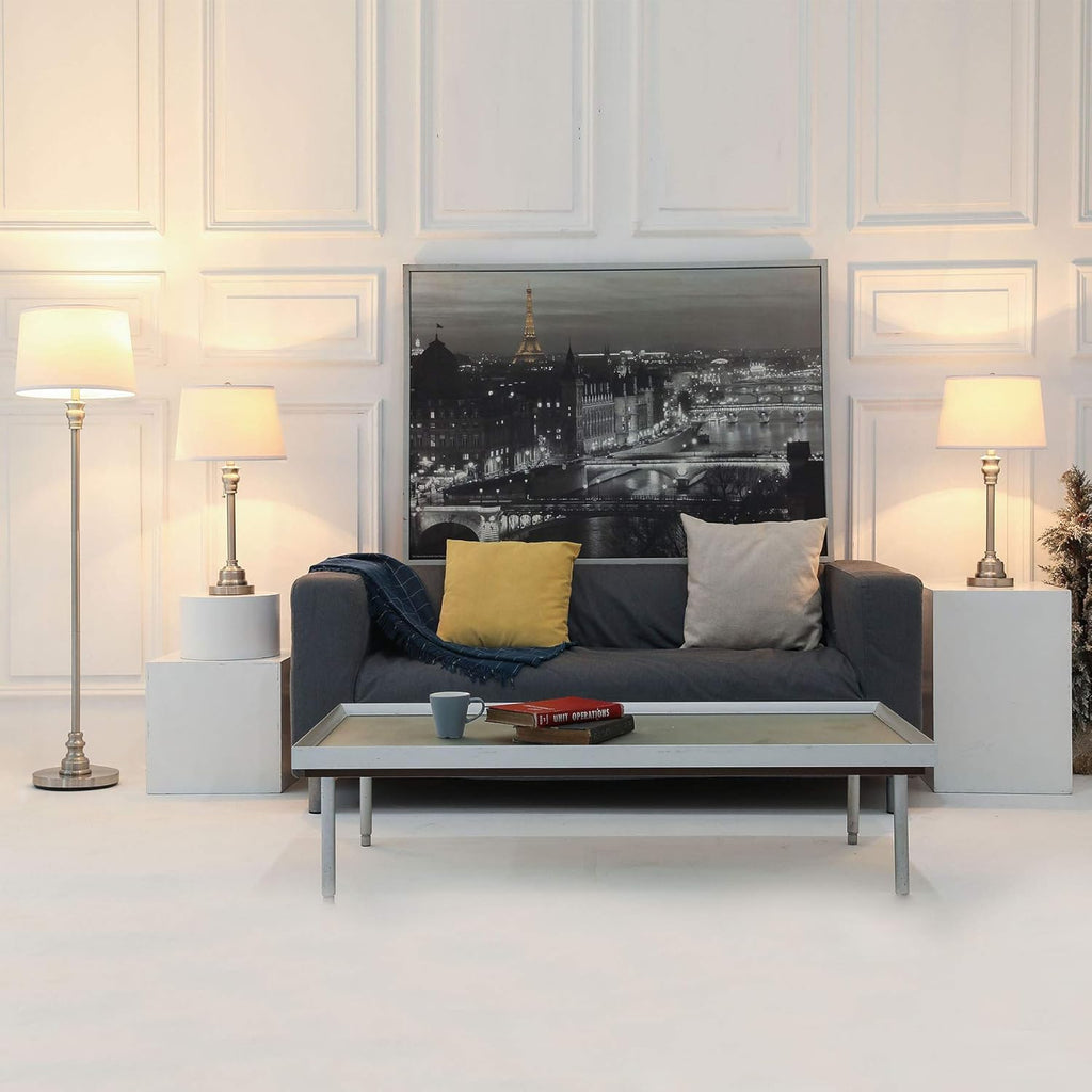 3 Lamp Set with White Fabric Shade Table and Floor Lamp Steel Finish M7261