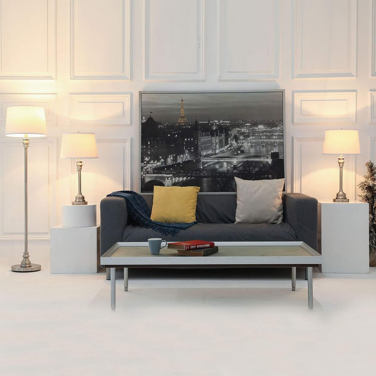 3 Lamp Set with White Fabric Shade Table and Floor Lamp Steel Finish M7261