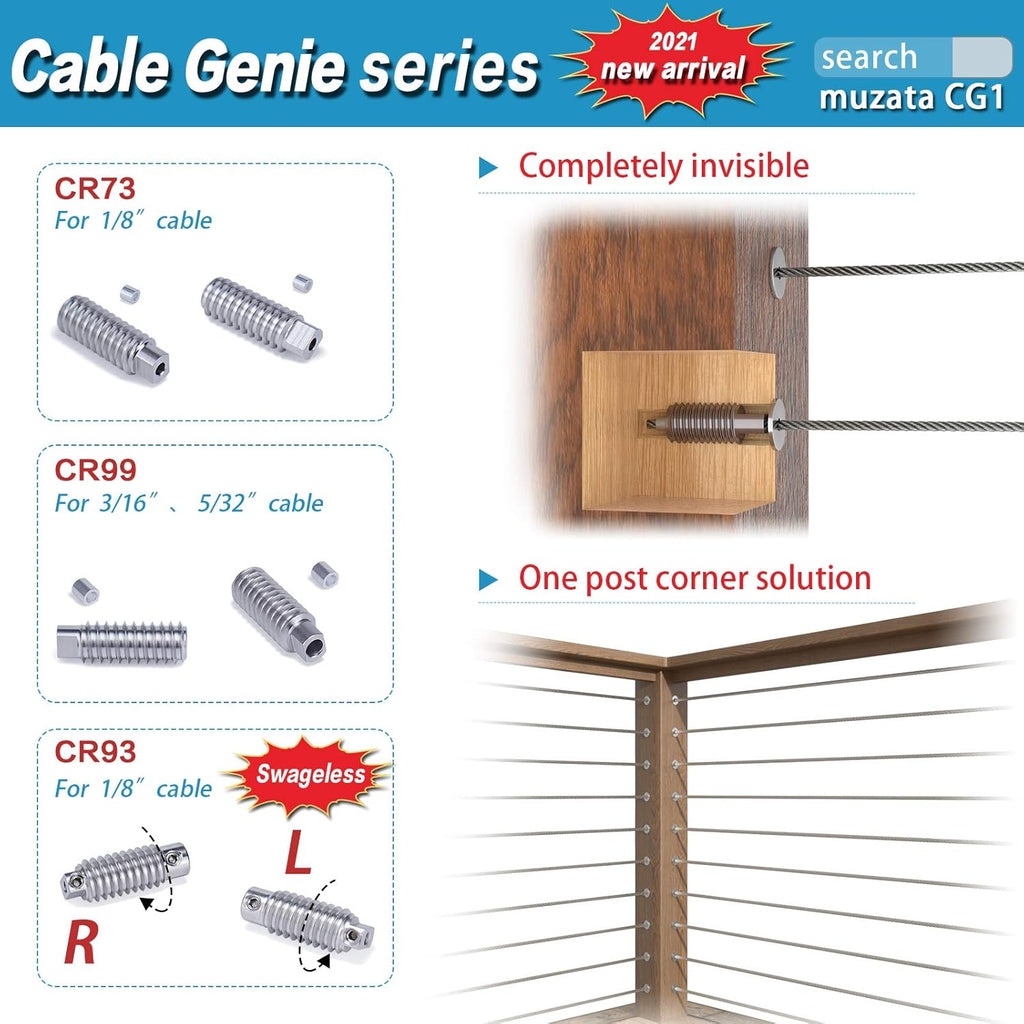 10 Pair Invisible Cable Railing Kit 1/8 Swage Tensioner and Terminal T316 Stainless Steel R561