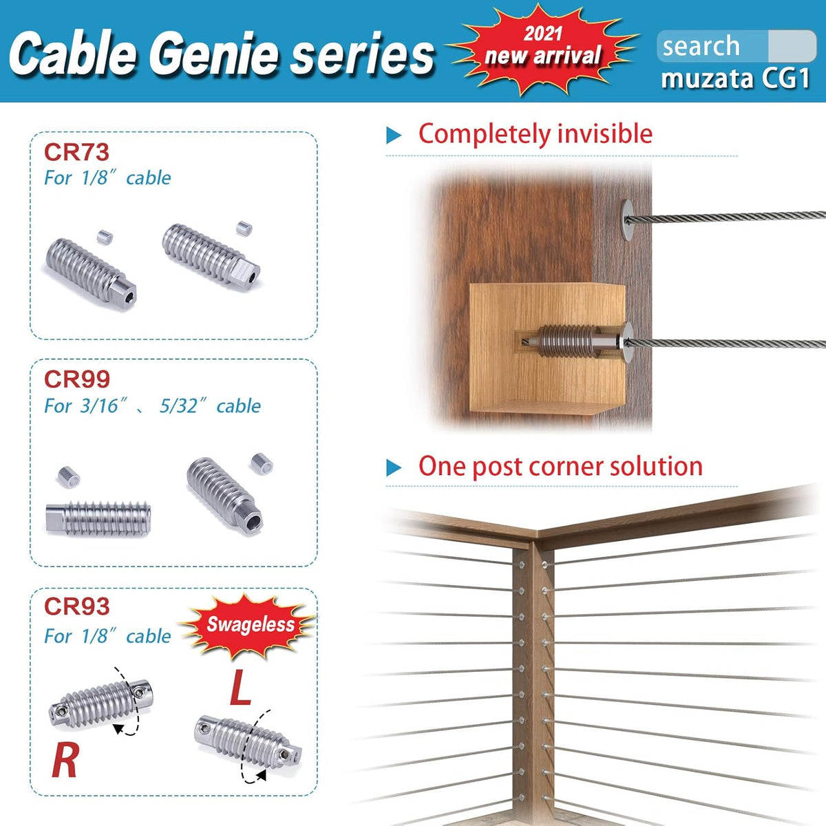 10 Pair Invisible Cable Railing Kit 1/8 Swage Tensioner and Terminal T316 Stainless Steel R561