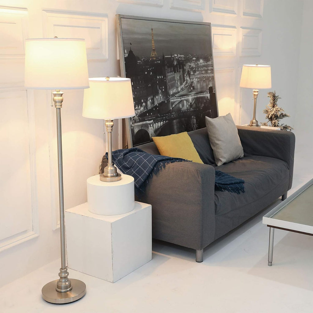 3 Lamp Set with White Fabric Shade Table and Floor Lamp Steel Finish M7261