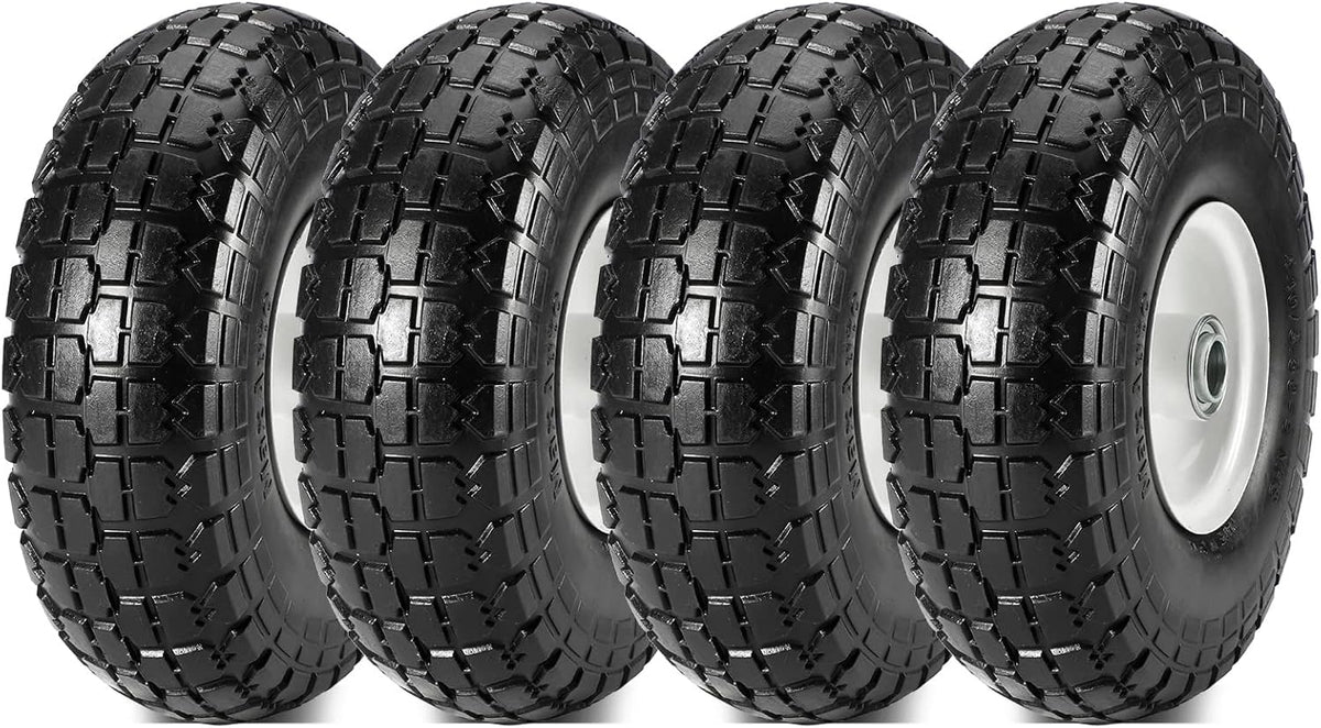 10 Flat Free Solid Rubber Tires with 3/4 Centered Bearings, 4 Pack C3000