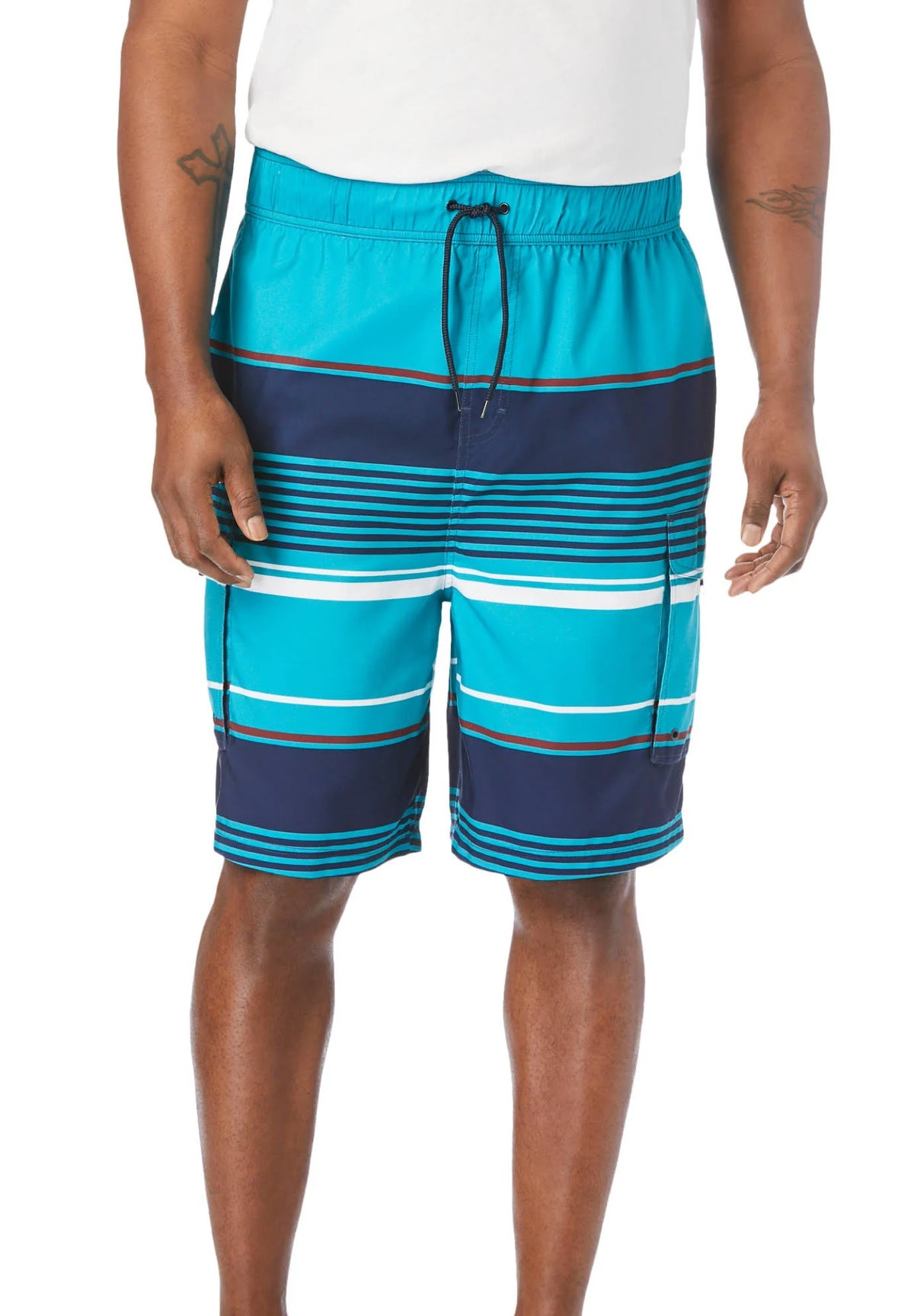Navy Teal Stripe Big & Tall Printed Cargo Swim Trunks H74562