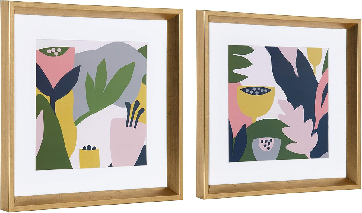 Matted Framed Print Under Glass Art Set 15.5x15.5 inches Gold W8581
