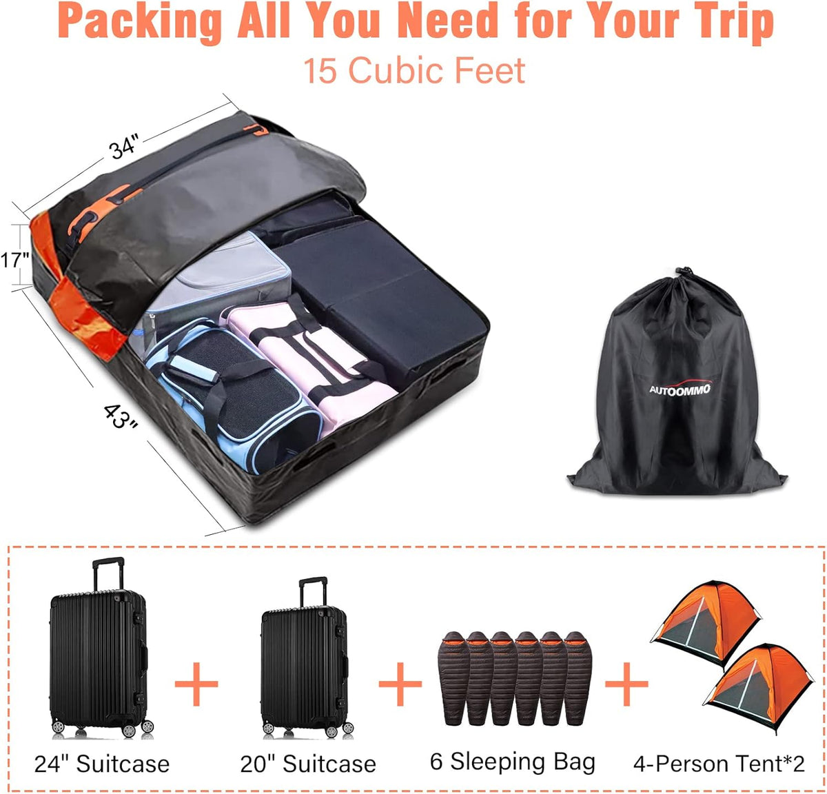 15 Cubic Feet Waterproof Rooftop Cargo Carrier Bag Y81589