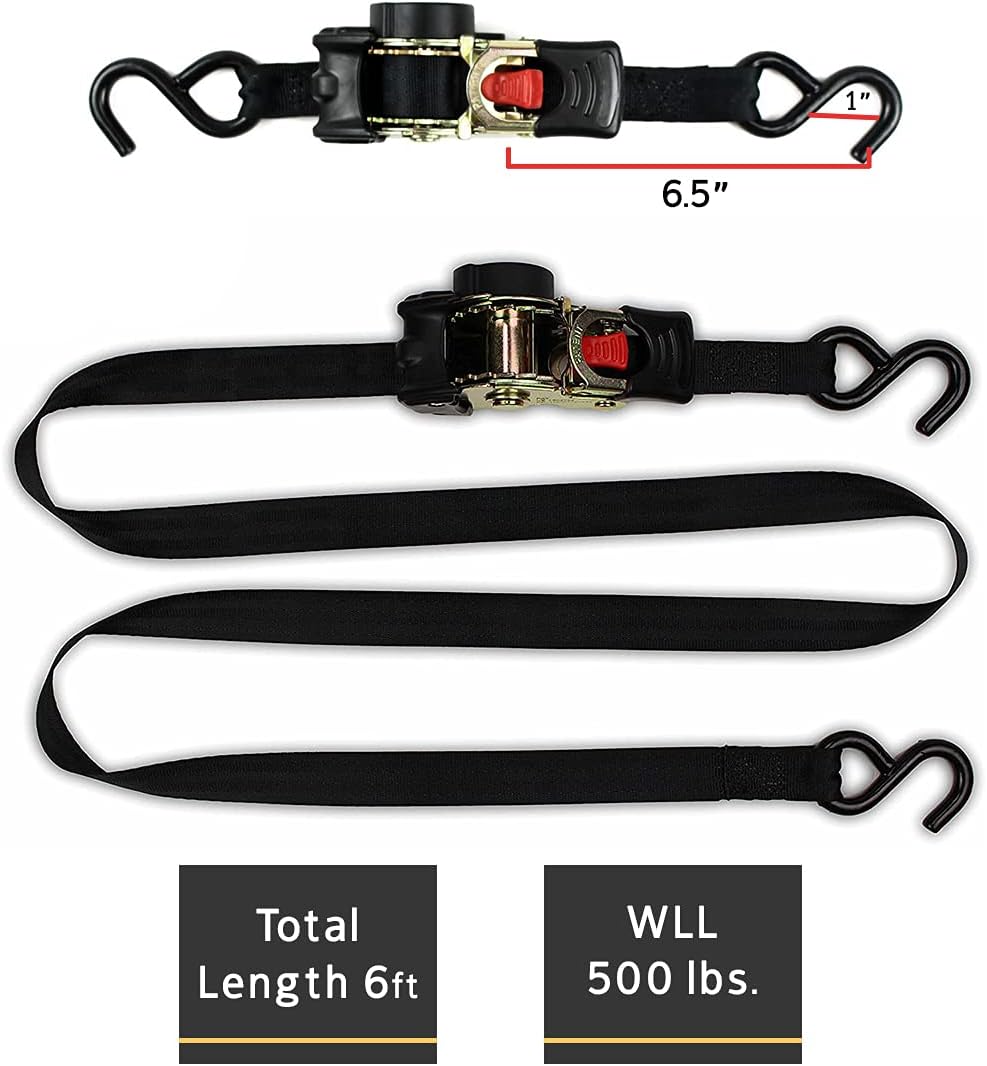 4 Auto Retract Ratchet Straps 1 x 6' Retractable Cargo Tie-Downs F436698