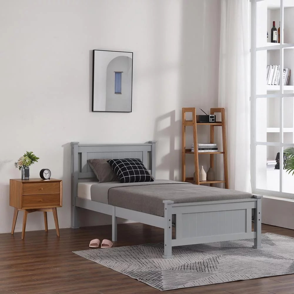 Gray Solid Pine Wood Twin Bed Frame with Headboard N996