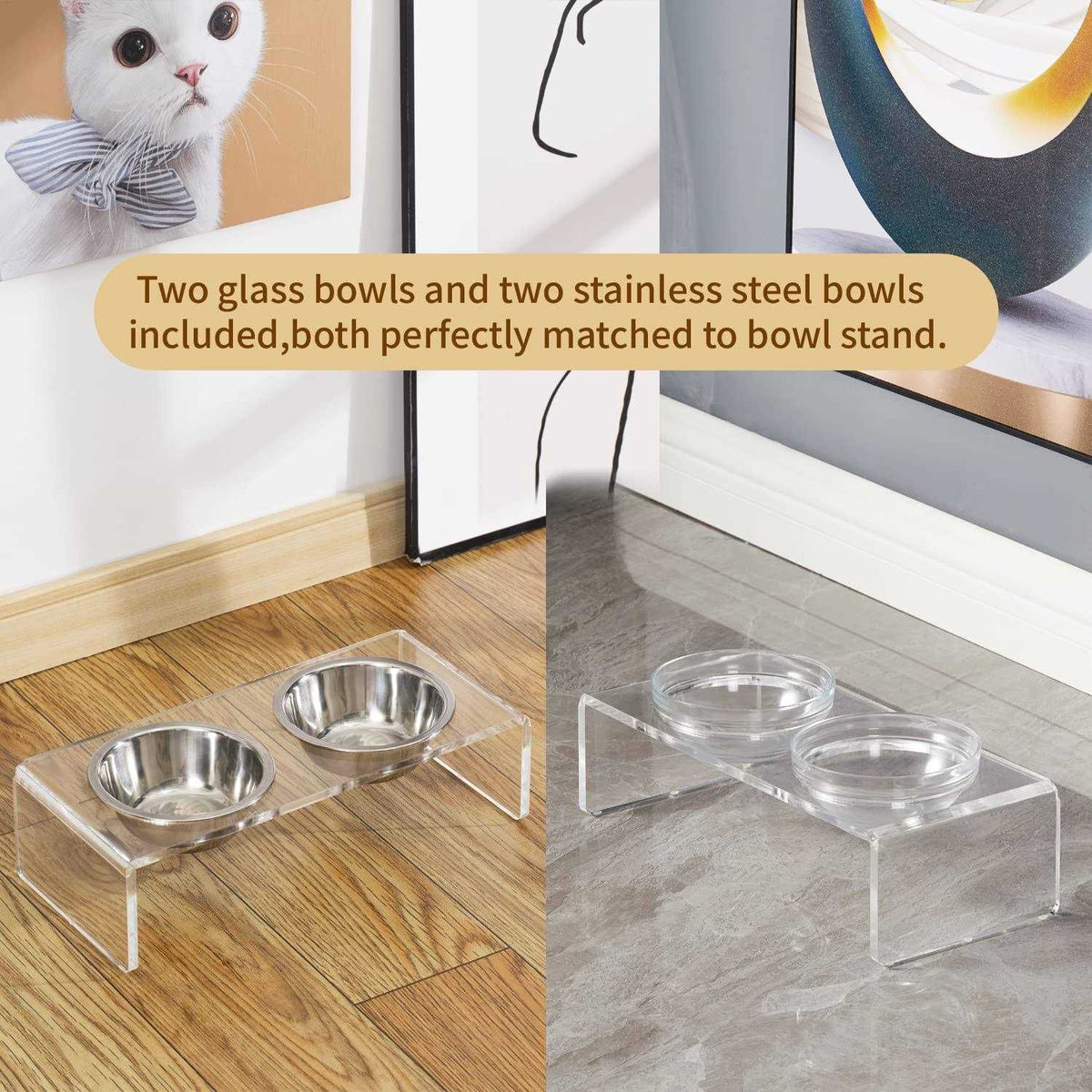 Acrylic Elevated Dog Cat Bowls with 2 Glass and 2 Stainless Steel Bowls J17917