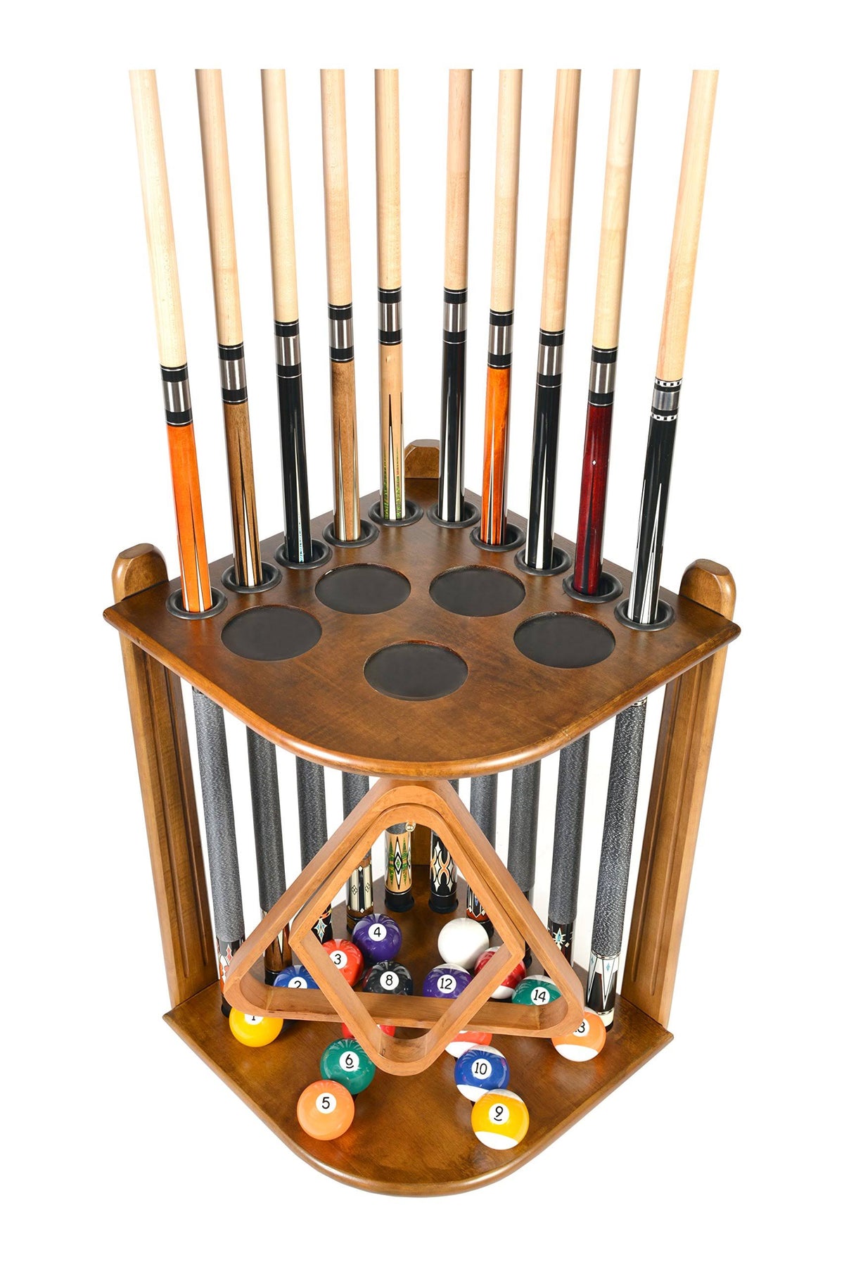 Oak Finish 10 Billiard Stick and Ball Floor Rack Q768514