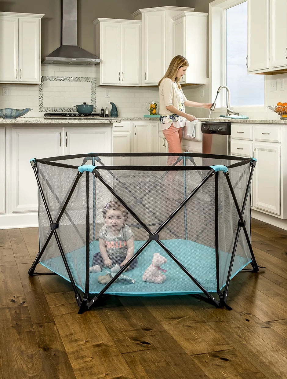 Portable Play Yard, Washable, Aqua, 6-Panel U918