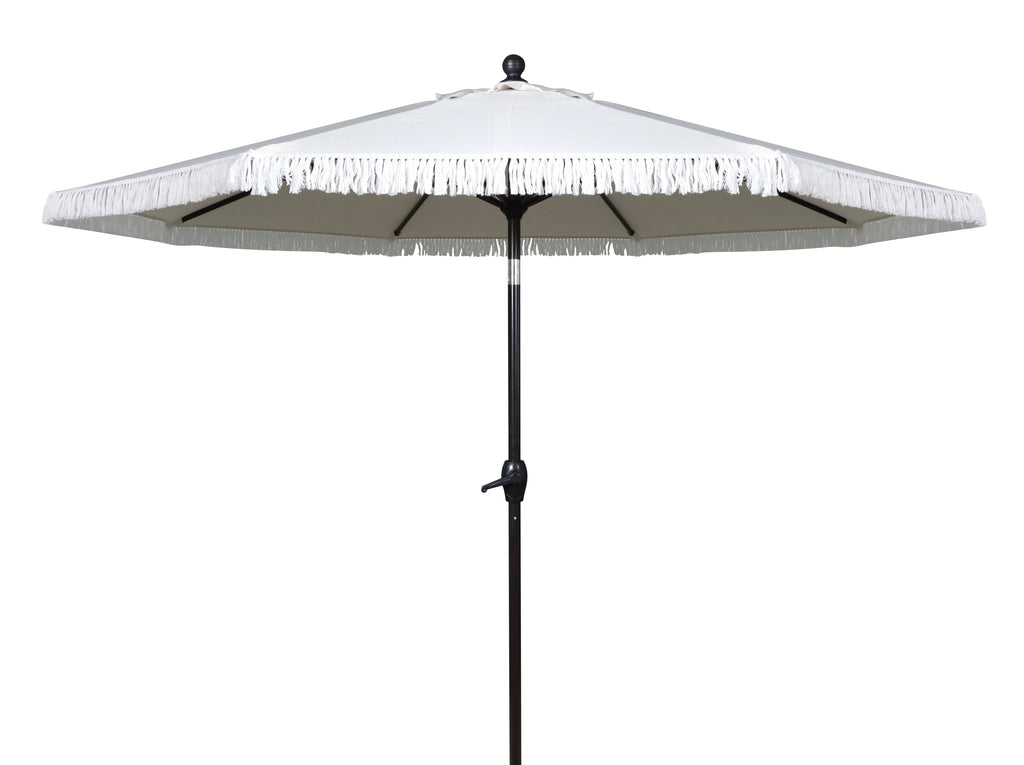 9' Cream Fringe Round Crank Patio Umbrella L5865