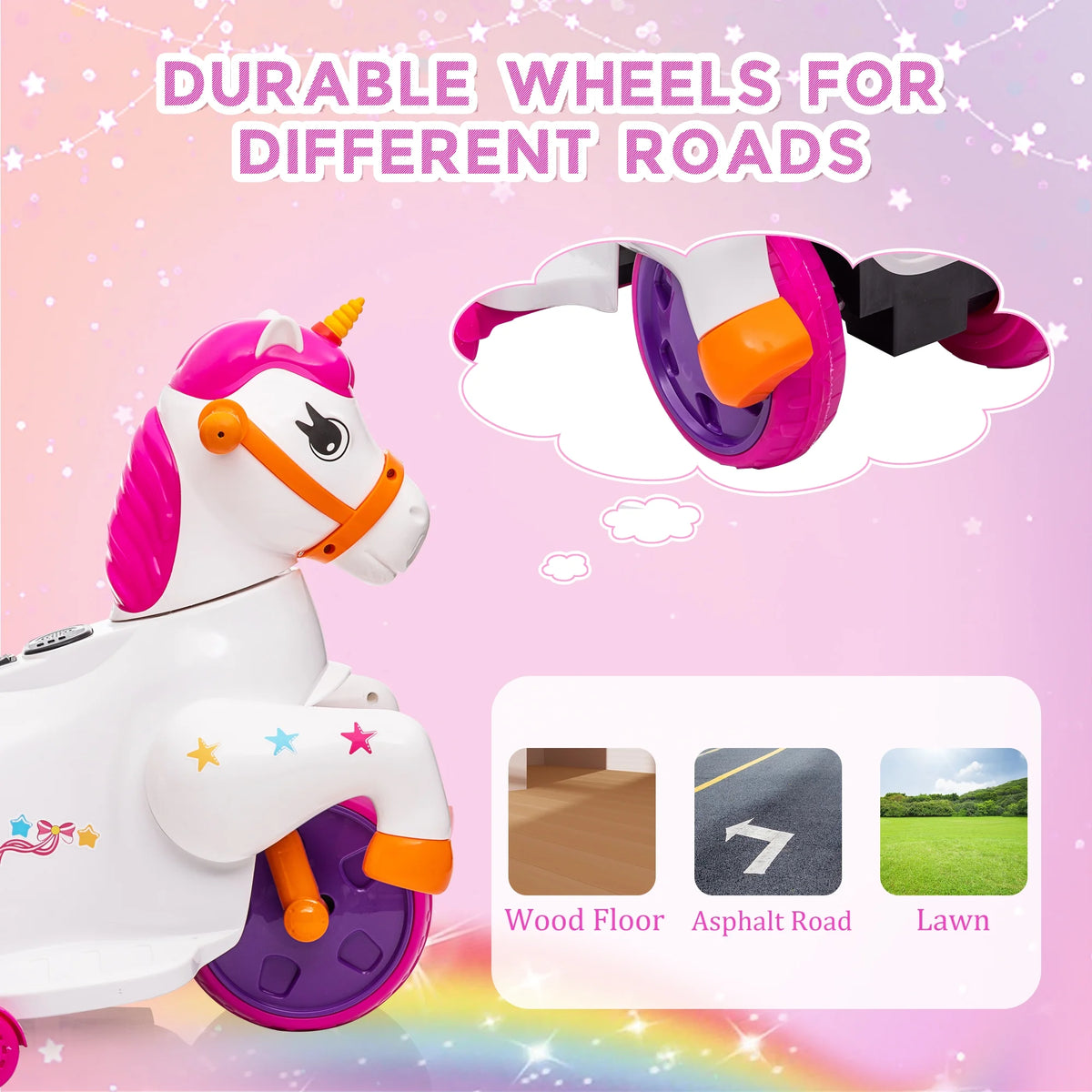6V Unicorn Rocking Horse Toy Car with Music, Training Wheels J286