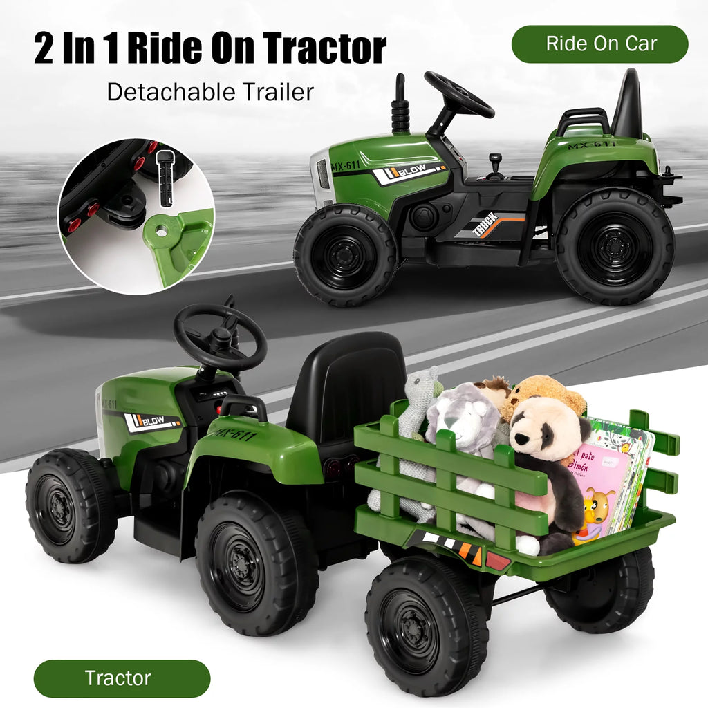 12V Kids Ride On Tractor with Trailer Dark Black A2213