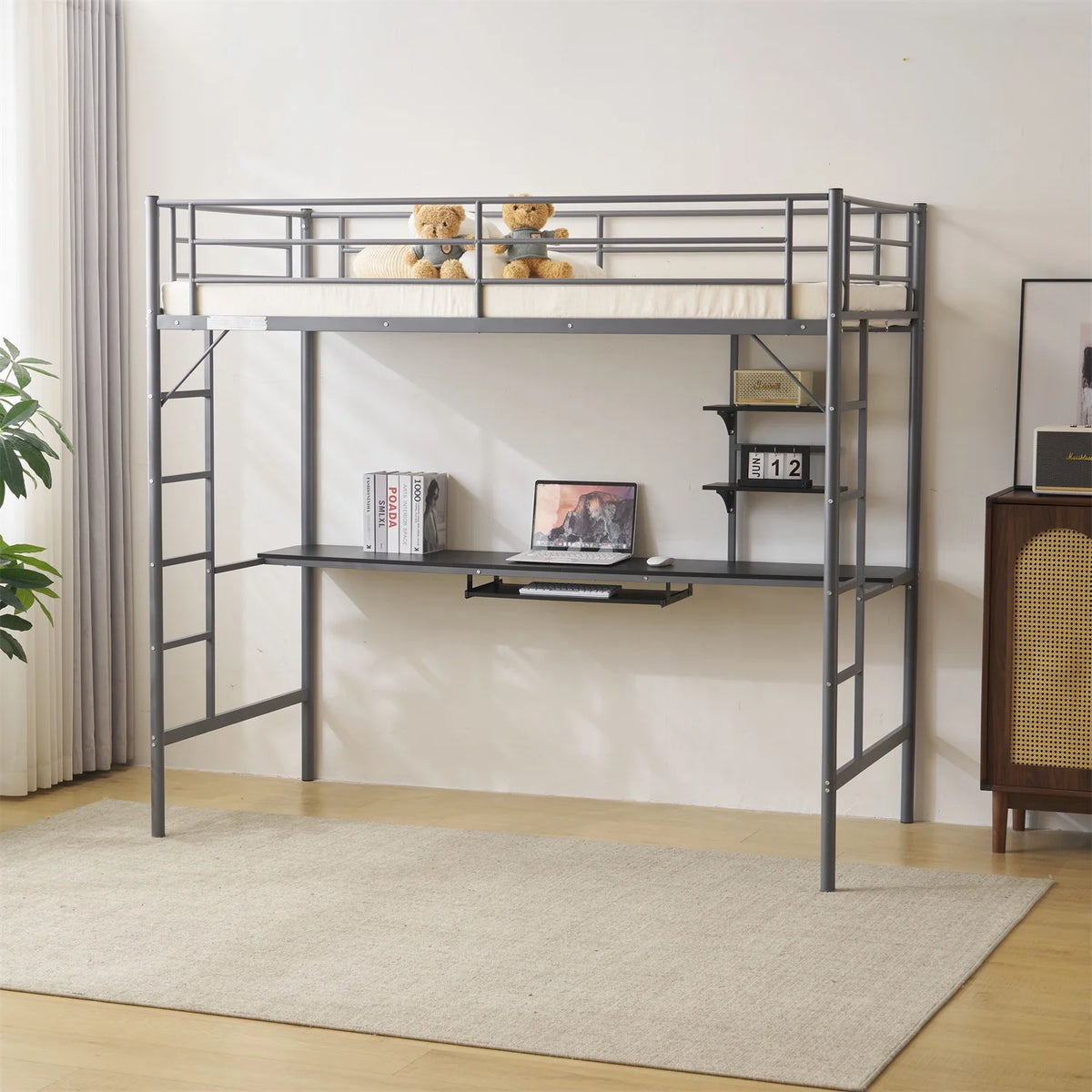 Twin Size Black Metal Loft Bed with Desk and Shelves U464
