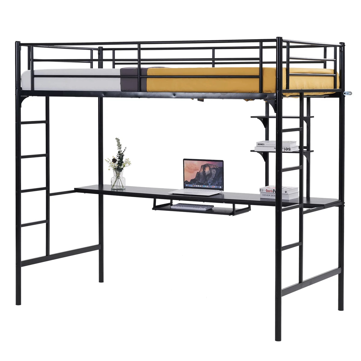 Twin Size Black Metal Loft Bed with Desk and Shelves U464