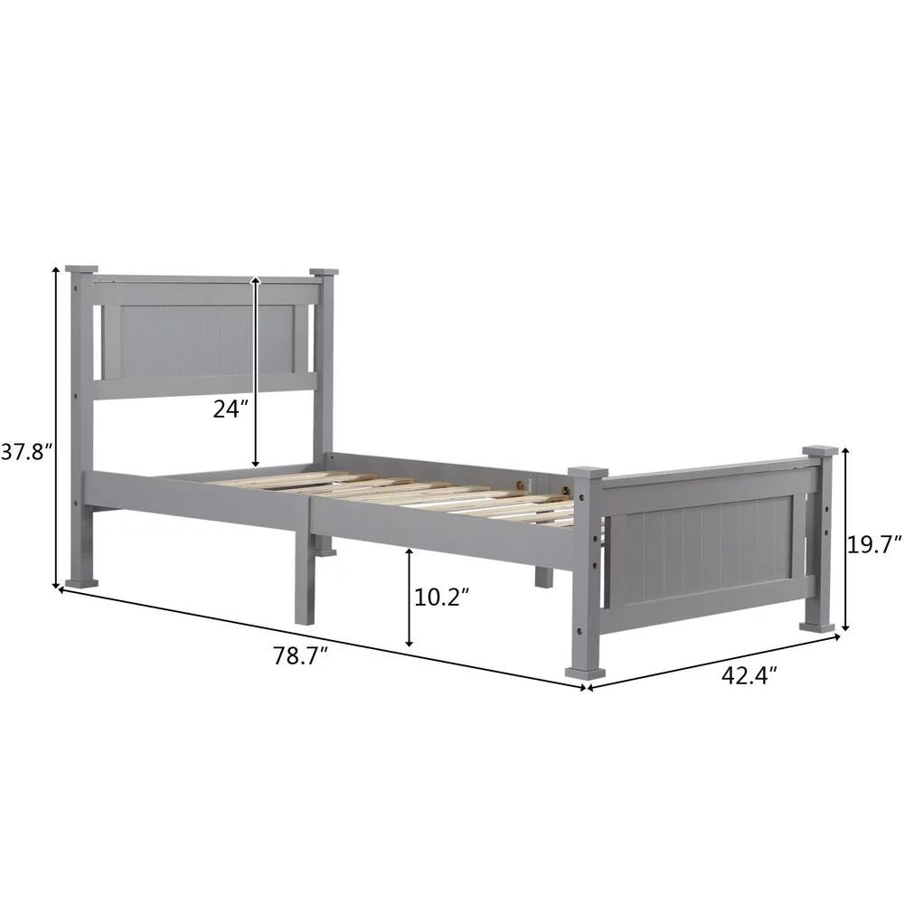 Gray Solid Pine Wood Twin Bed Frame with Headboard N996