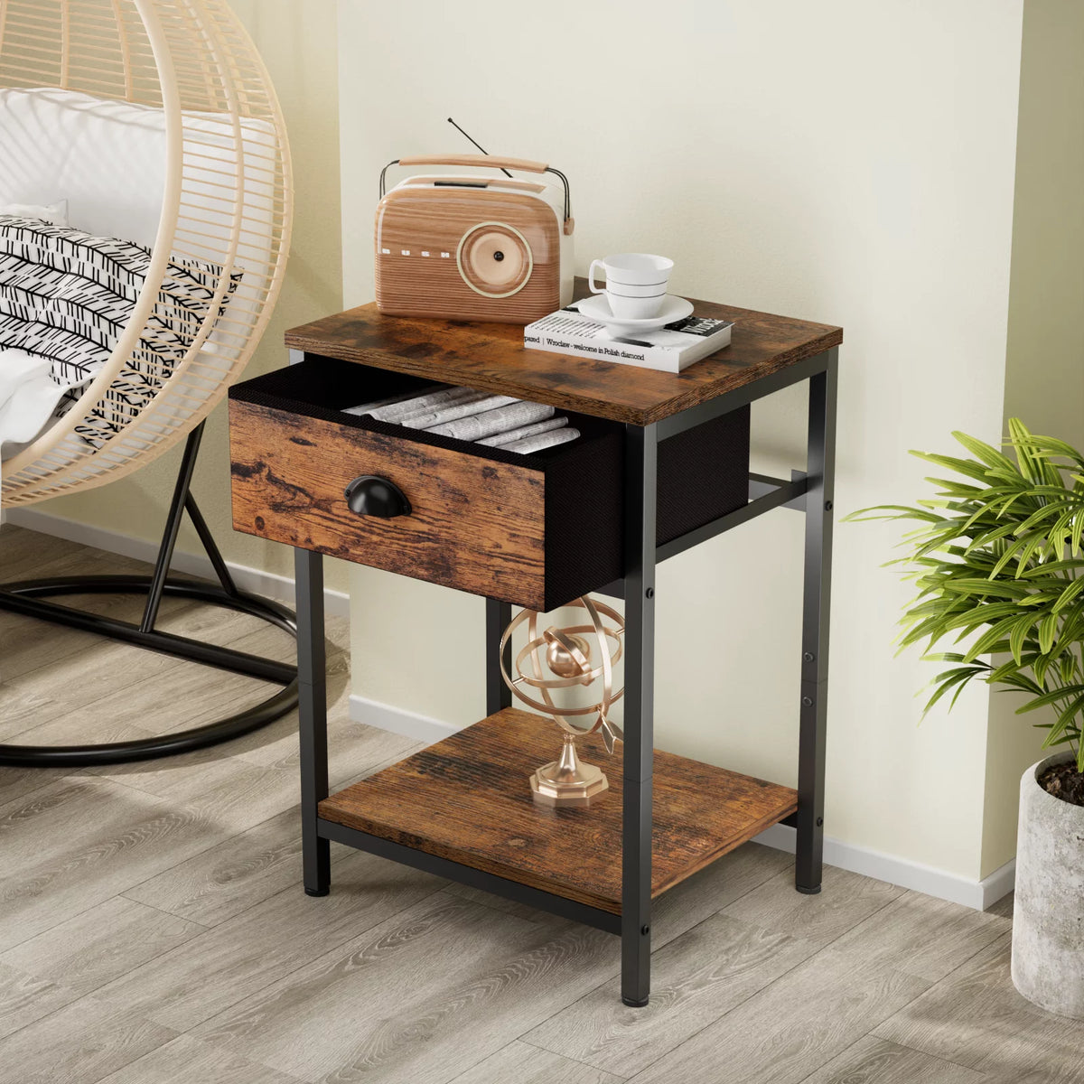 Set of 2 Nightstands with Fabric Drawer and Storage Shelf X840749